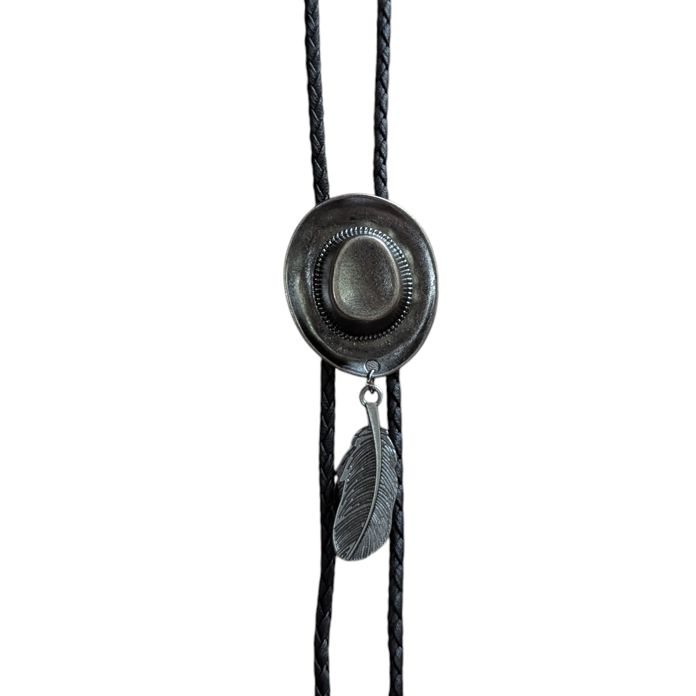 Western Bolo Tie (0045) - Silver Cowboy Hat w/ Feathers