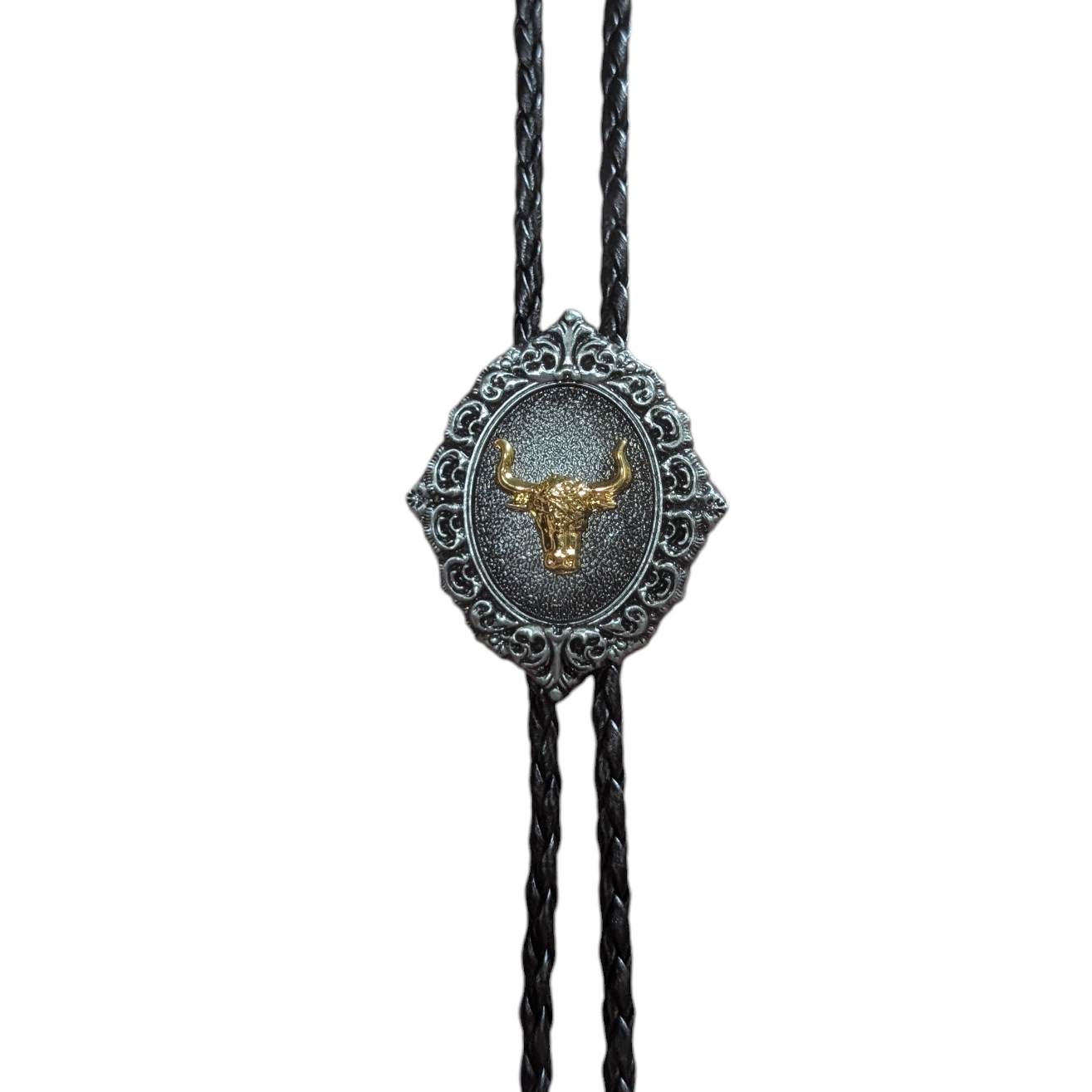 Western Bolo Tie (0050) - Brushed Silver Vintage Style w/ Gold Longhorn