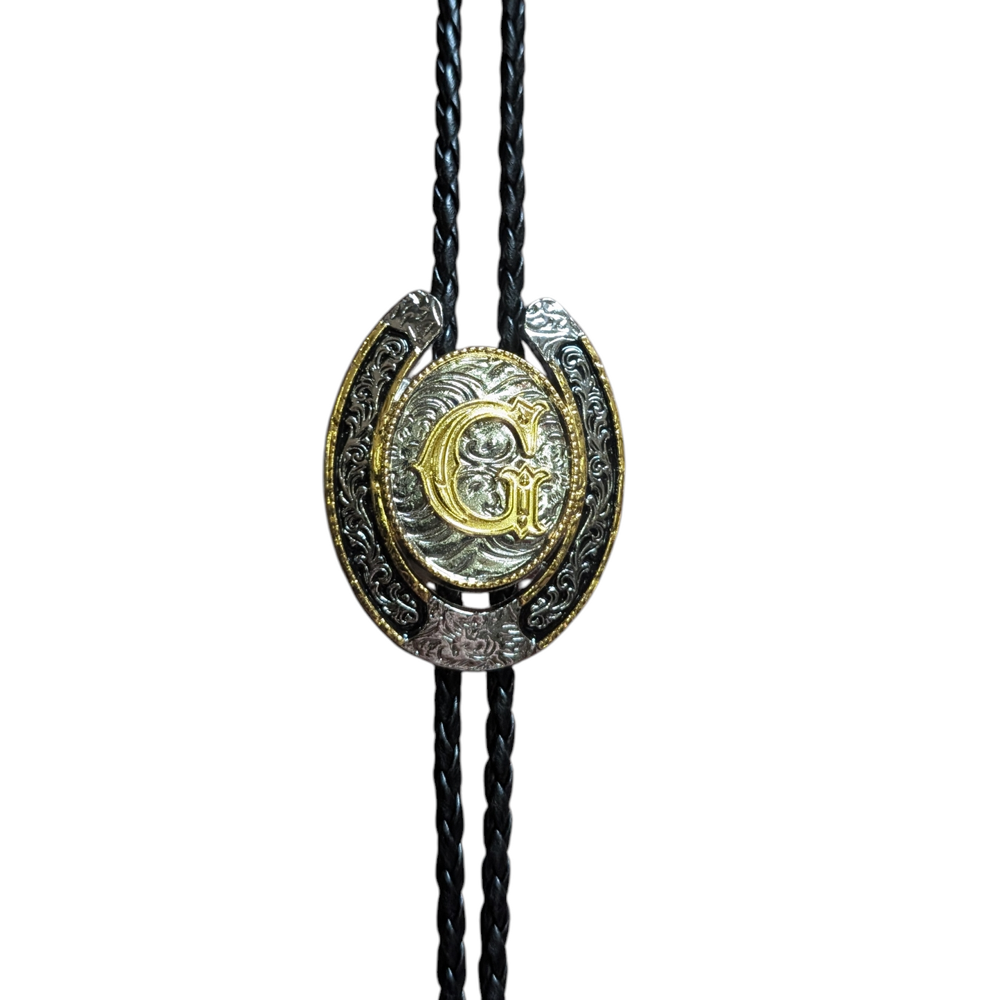Western Bolo Tie (0046) - Silver & Gold Letter (G)