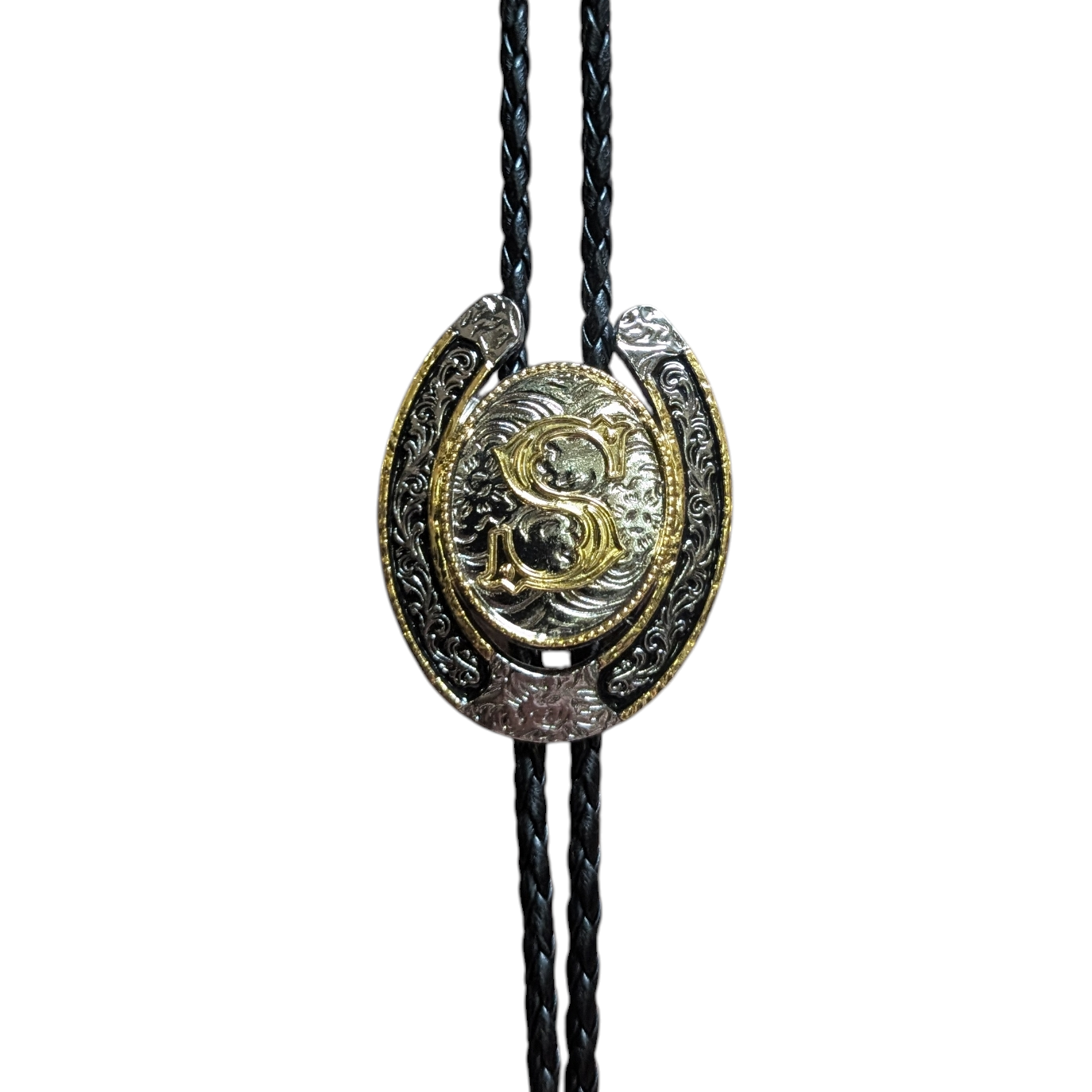 Western Bolo Tie (0048) - Silver & Gold Letter (S)