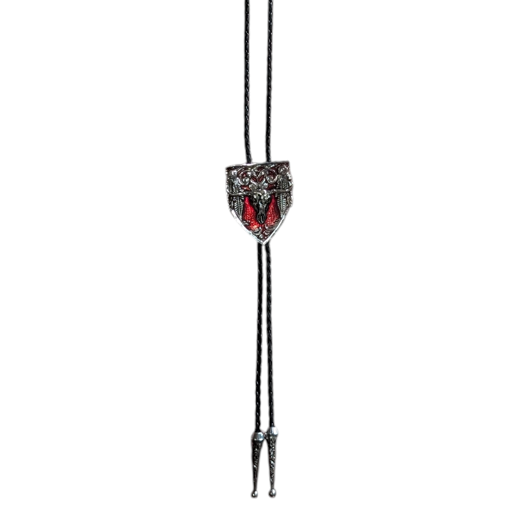 Western Bolo Tie (0051) - Silver & Red Shield w/ Longhorn