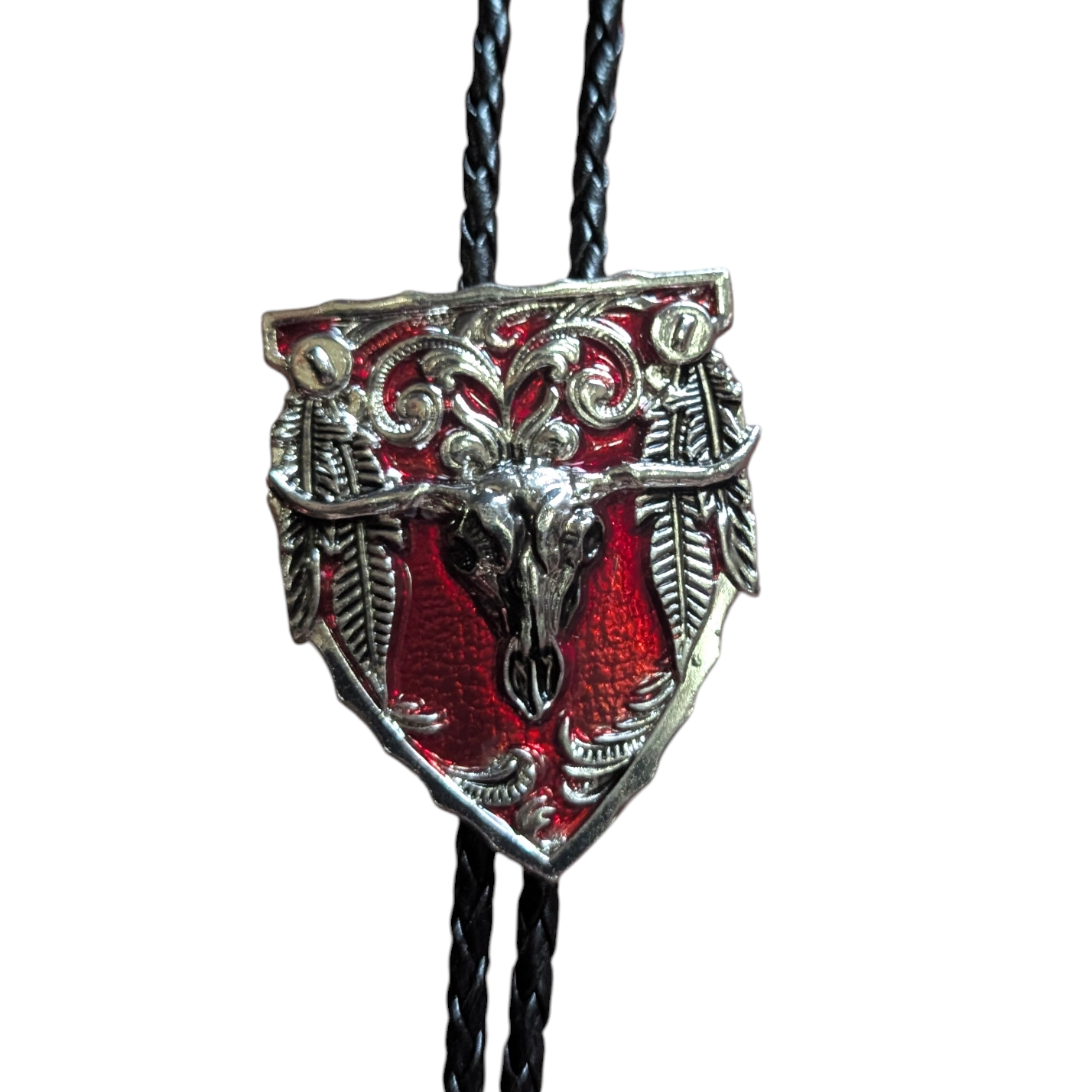 Western Bolo Tie (0051) - Silver & Red Shield w/ Longhorn