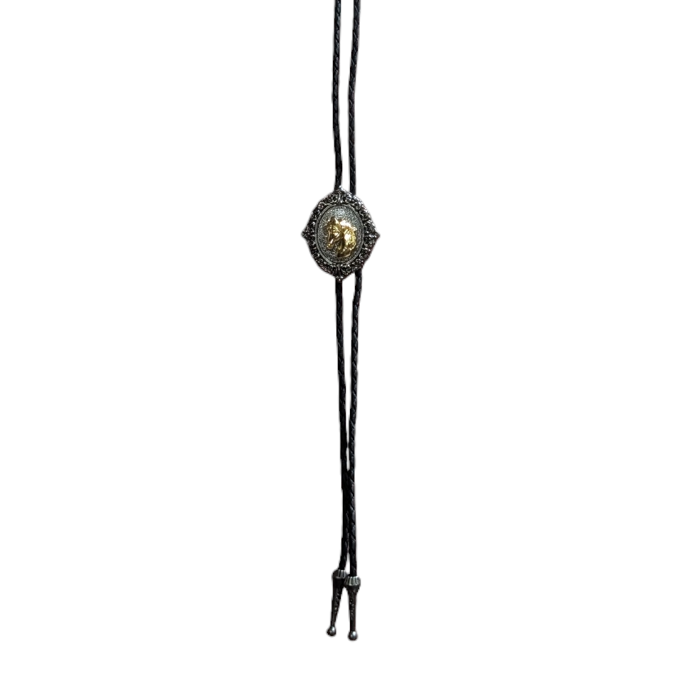Western Bolo Tie (0052) - Brushed Silver Vintage Style w/ Gold Horse Head