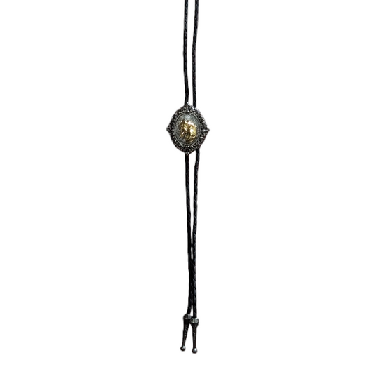 Western Bolo Tie (0052) - Brushed Silver Vintage Style w/ Gold Horse Head