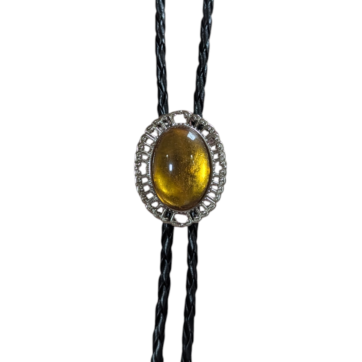 Western Bolo Tie (0054) - Silver w/ Golden Yellow Stone
