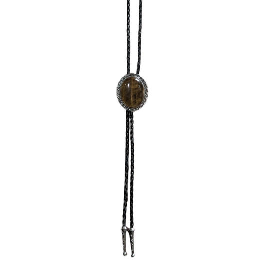 Western Bolo Tie (0055) - Silver Oval w/ Golden Brown Stone