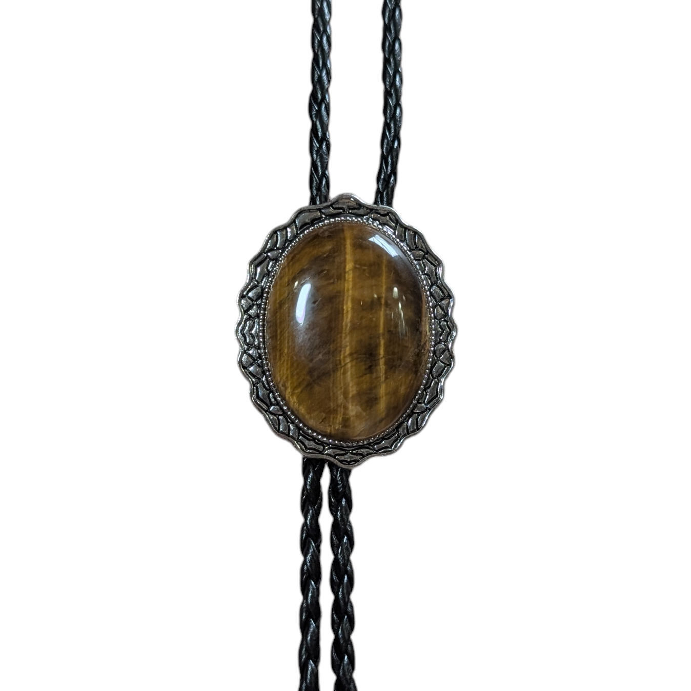 Western Bolo Tie (0055) - Silver Oval w/ Golden Brown Stone