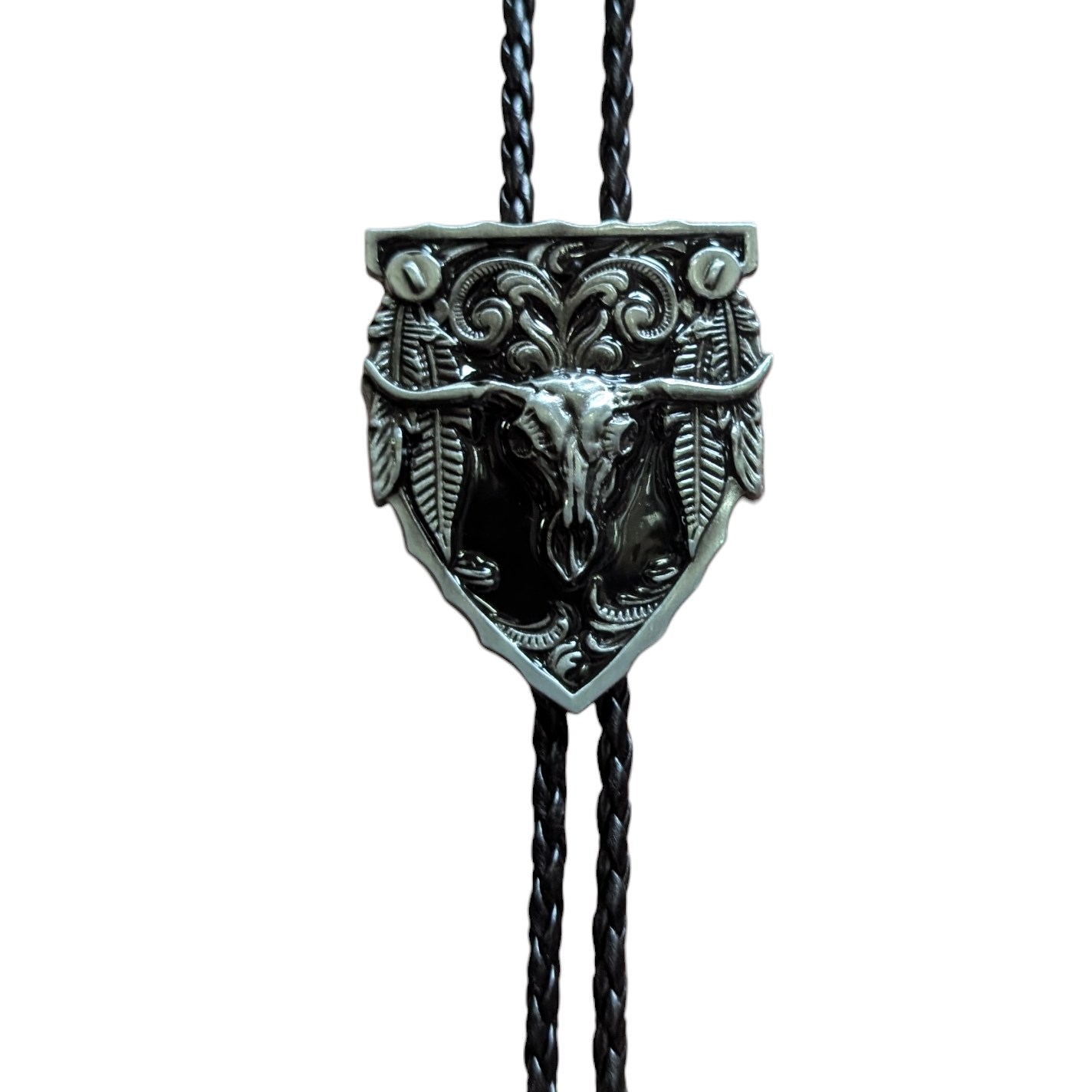 Western Bolo Tie (0057) - Silver & Black Shield w/ Longhorn