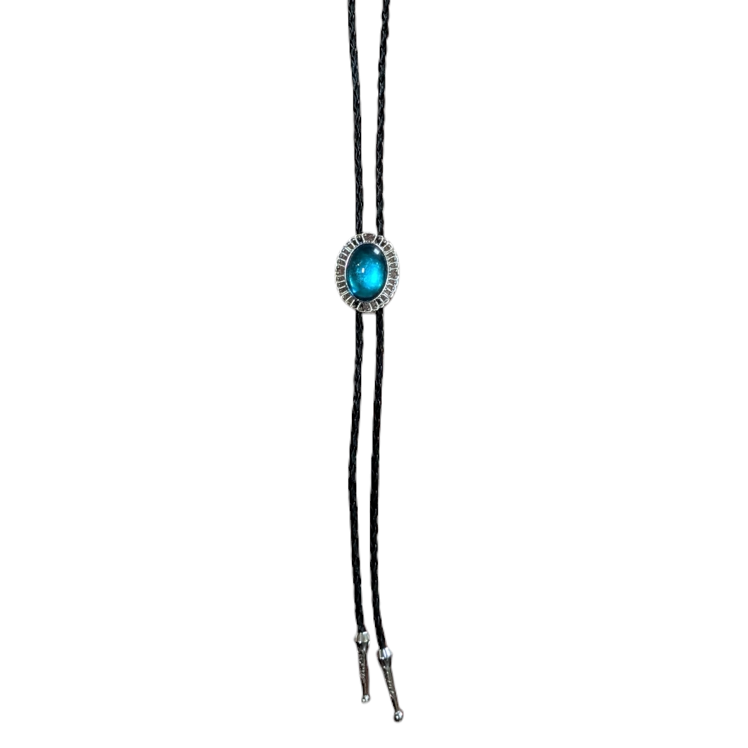 Western Bolo Tie (0060) - Silver w/ Teal Blue Stone