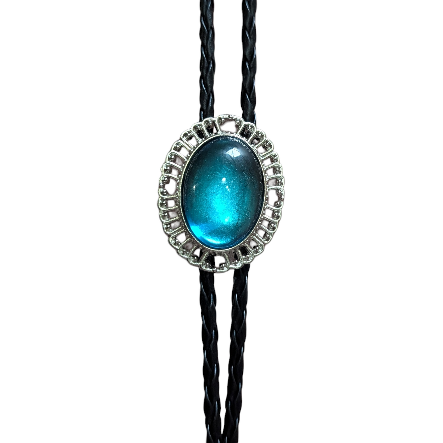 Western Bolo Tie (0060) - Silver w/ Teal Blue Stone
