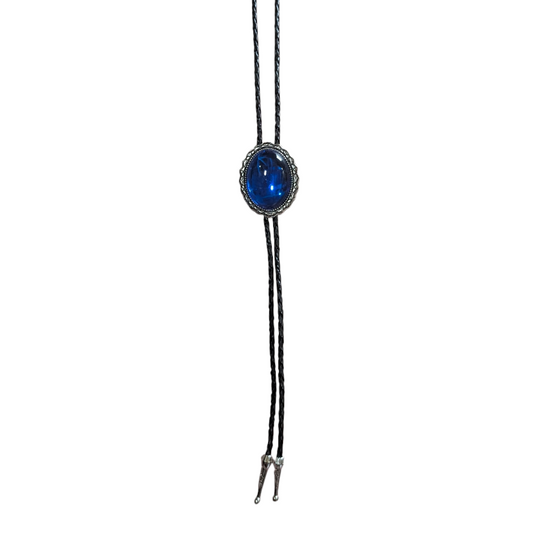 Western Bolo Tie (0061) - Silver w/ Deep Blue Oval Stone