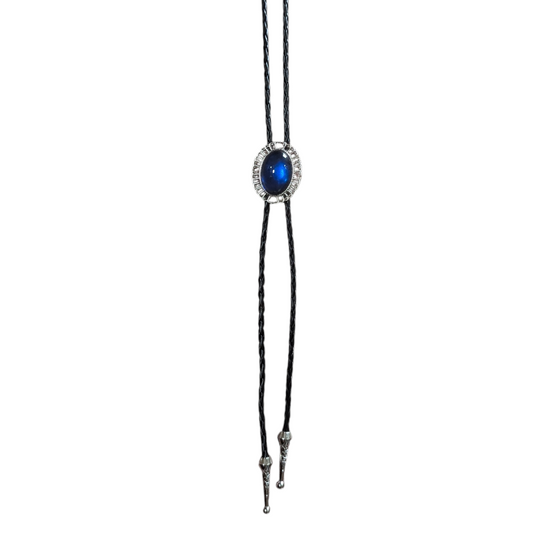 Western Bolo Tie (0062) - Silver w/ Deep Blue Stone