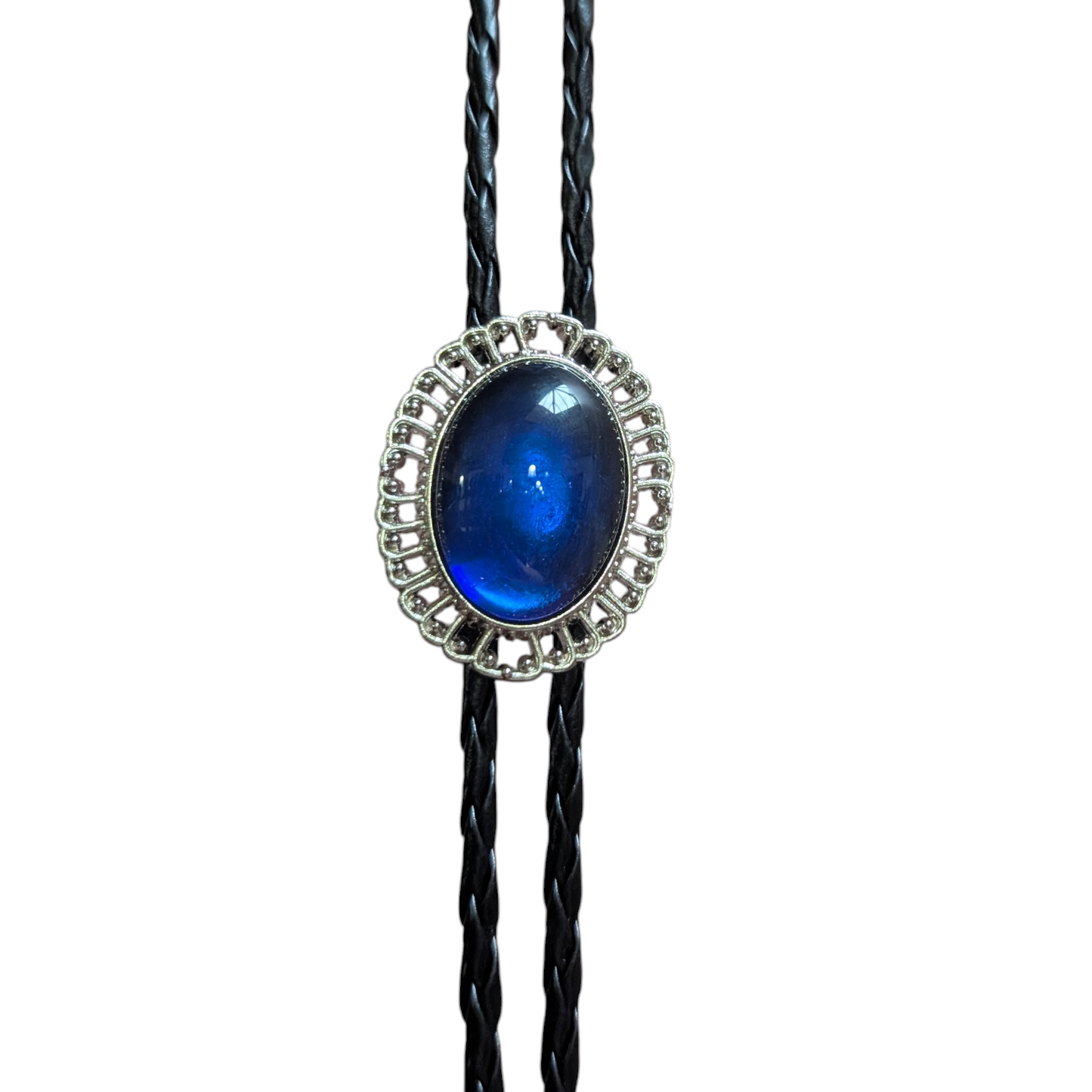 Western Bolo Tie (0062) - Silver w/ Deep Blue Stone