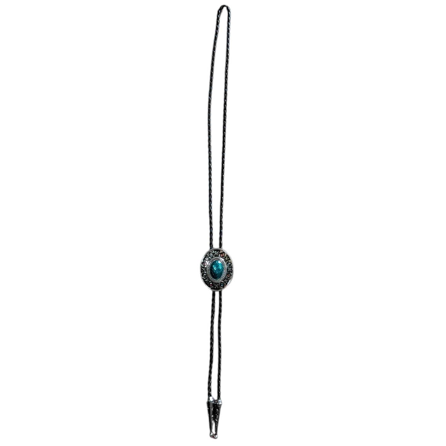Western Bolo Tie (0064) - Silver w/ Aztec Print and Turquoise 'Cracked' Stone