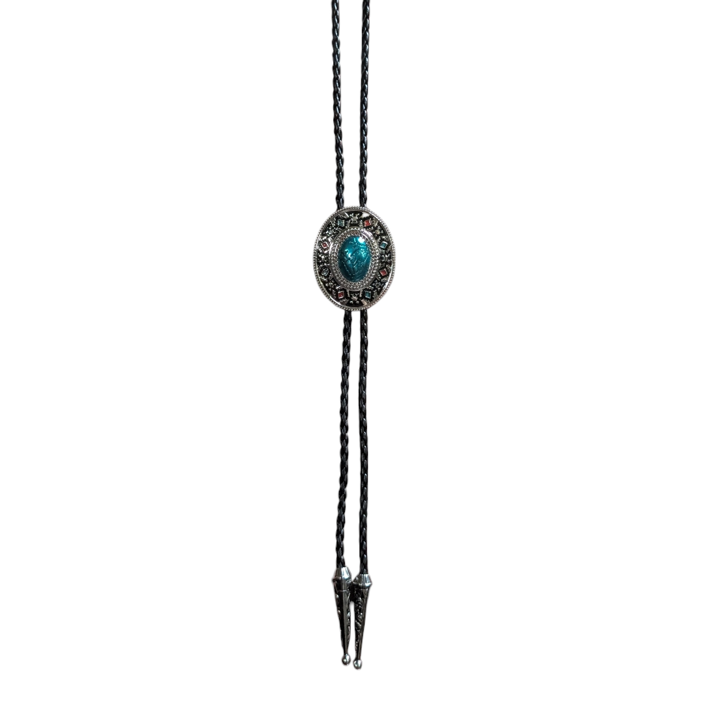 Western Bolo Tie (0064) - Silver w/ Aztec Print and Turquoise 'Cracked' Stone
