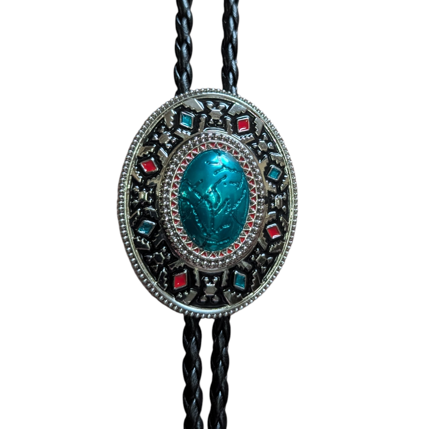 Western Bolo Tie (0064) - Silver w/ Aztec Print and Turquoise 'Cracked' Stone