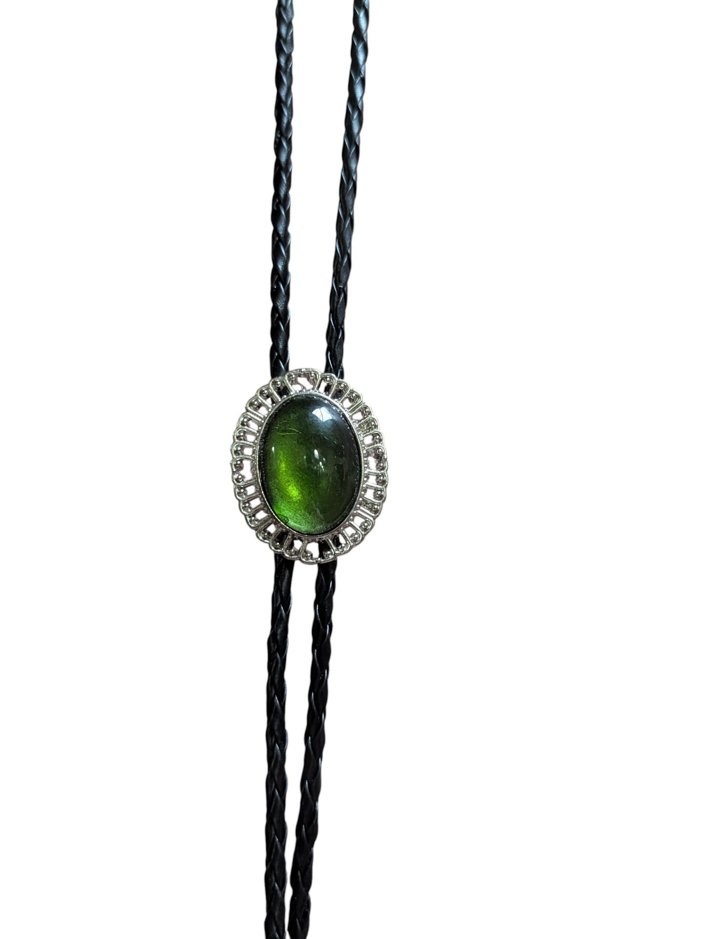Western Bolo Tie (0065) - Silver w/ Green Oval Stone