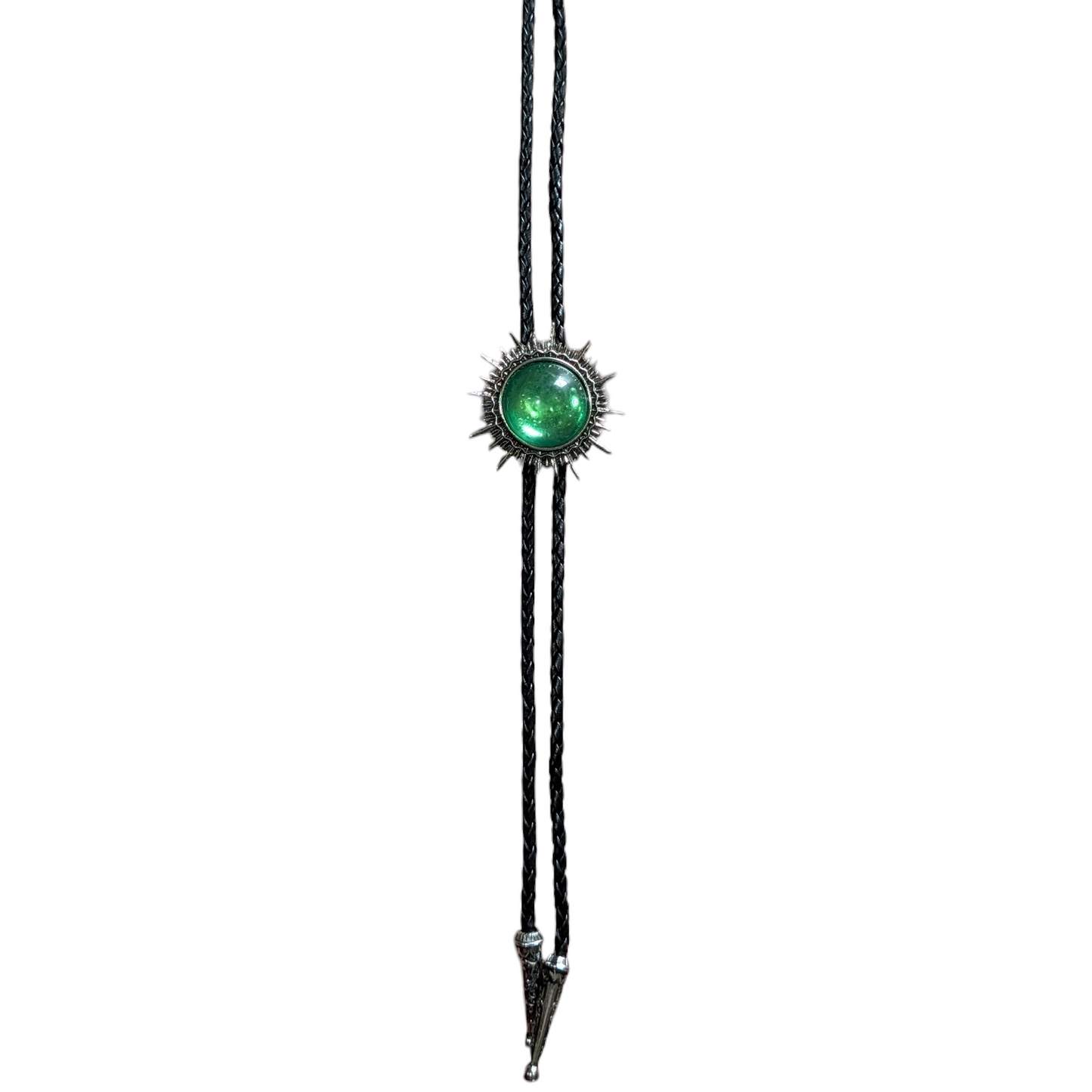 Western Bolo Tie (0068) - Silver Sun w/ Green Stone