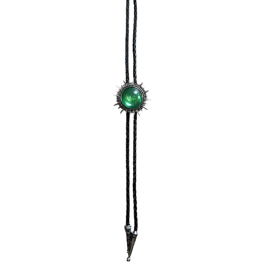 Western Bolo Tie (0068) - Silver Sun w/ Green Stone