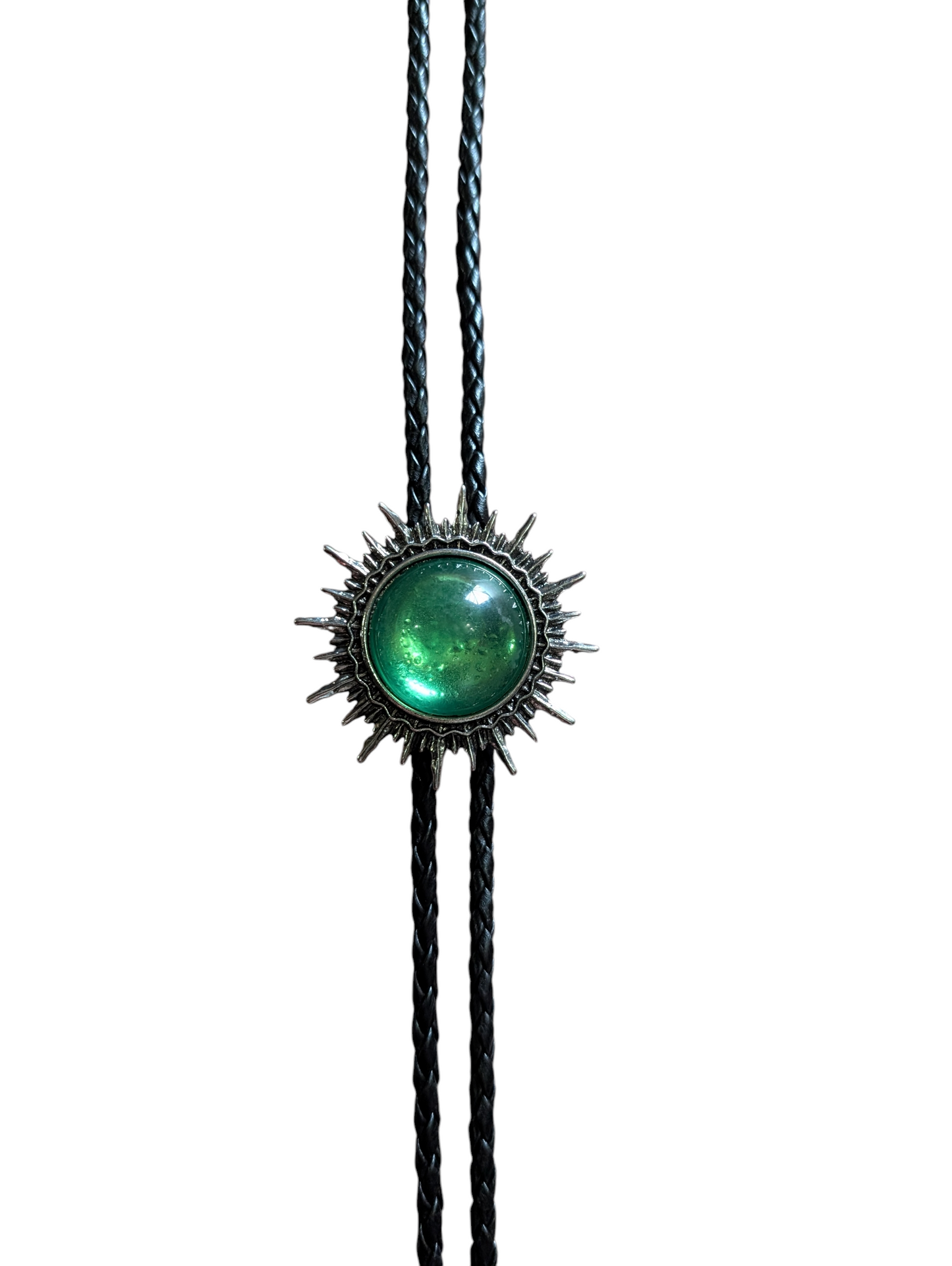 Western Bolo Tie (0068) - Silver Sun w/ Green Stone