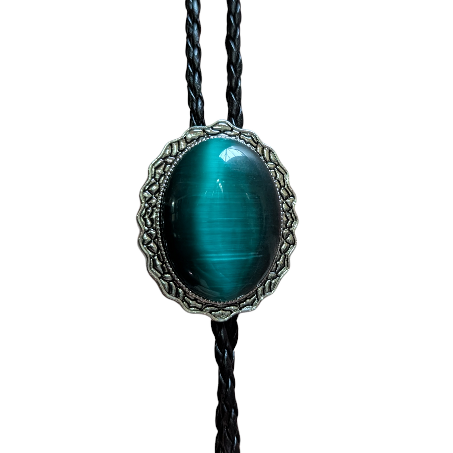 Western Bolo Tie (0071) - Silver w/ Teal Green Stone