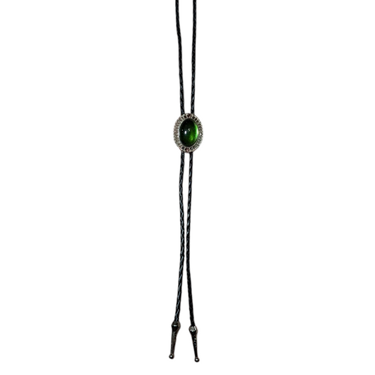 Western Bolo Tie (0065) - Silver w/ Green Oval Stone