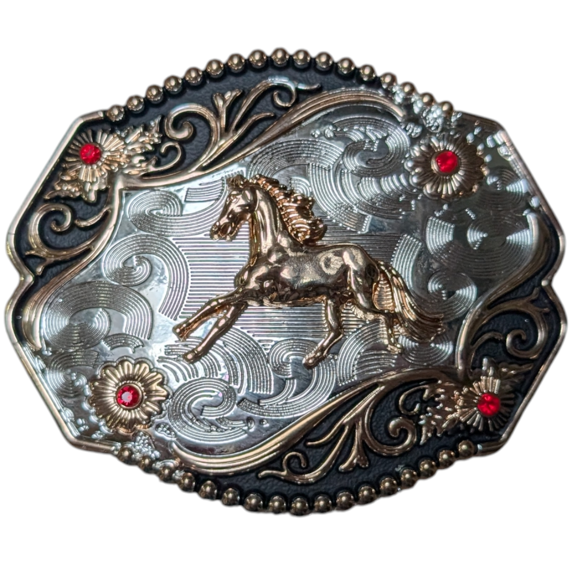 Western Buckle (0062) - Silver & Black w/ Gold Galloping Horse