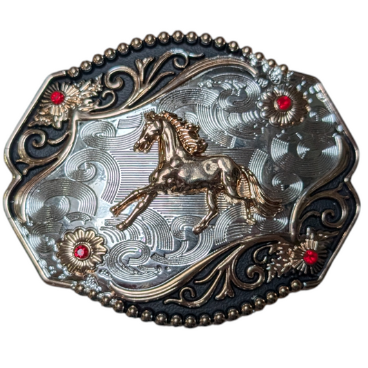 Western Buckle (0062) - Silver & Black w/ Gold Galloping Horse