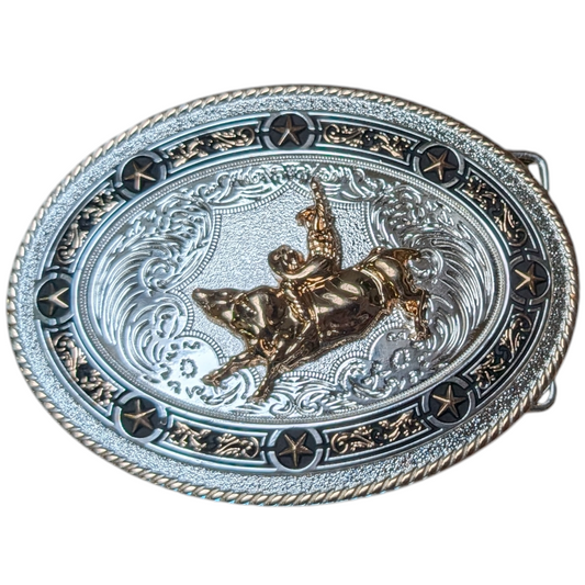 Western Buckle (0059) - Silver w/ Gold Bull Rider