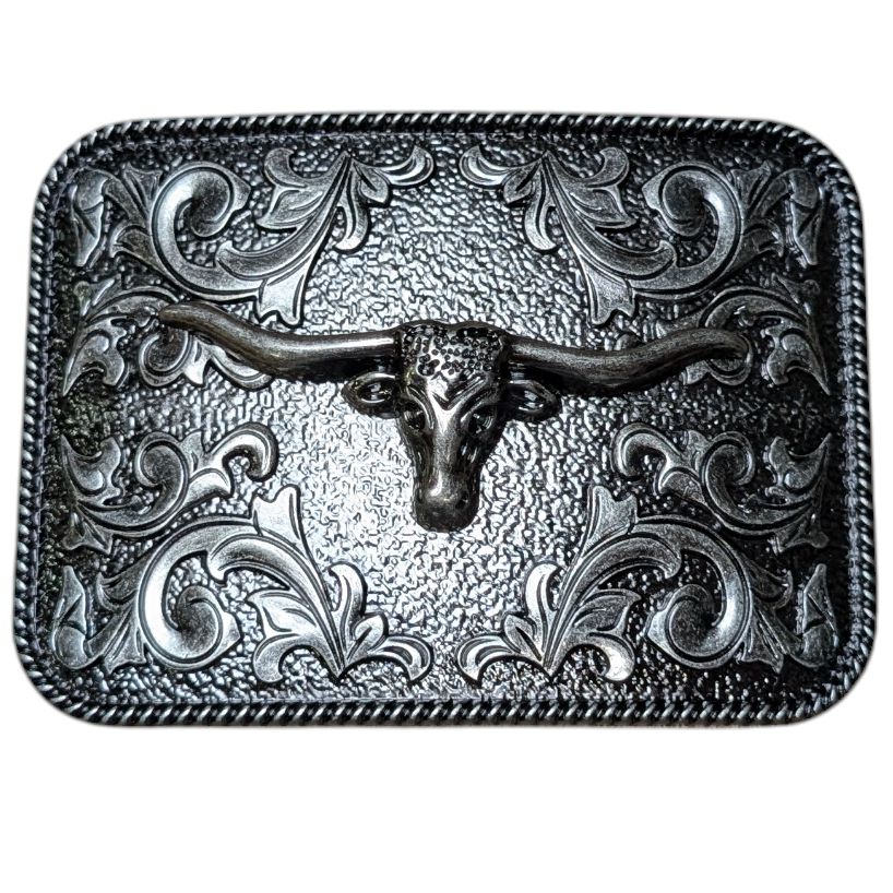 Western Buckle (0060) - Brushed Silver Rectangle w/ Longhorn