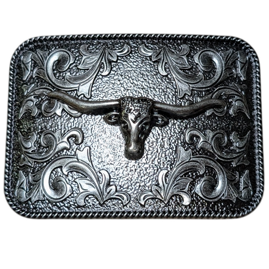 Western Buckle (0060) - Brushed Silver Rectangle w/ Longhorn