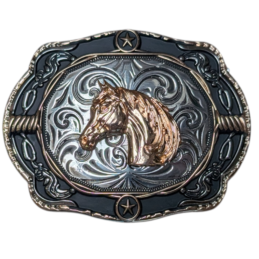 Western Buckle (0064) - Black & Silver w/ Gold Horse Head