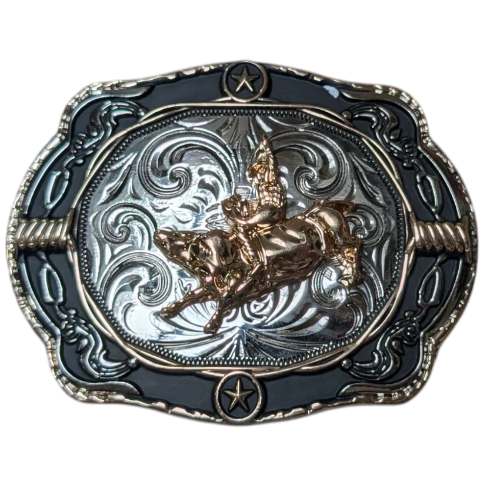 Western Buckle (0065) - Black & Silver w/ Gold Bull Rider