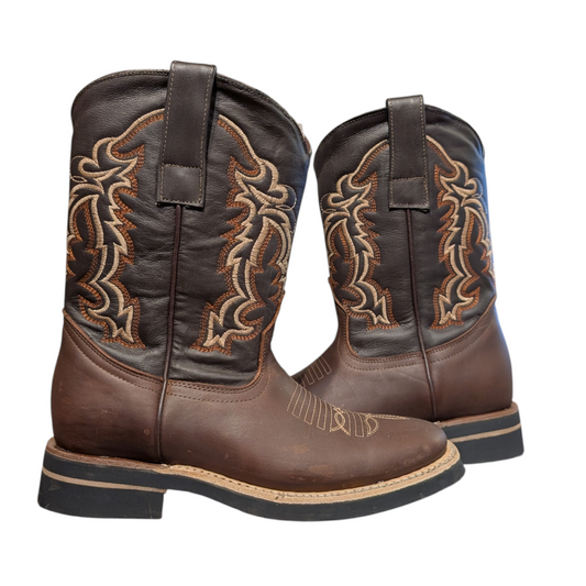 Cowboy Boots (0096) - 12" Dark Brown Leather w/ Wide Square Toe