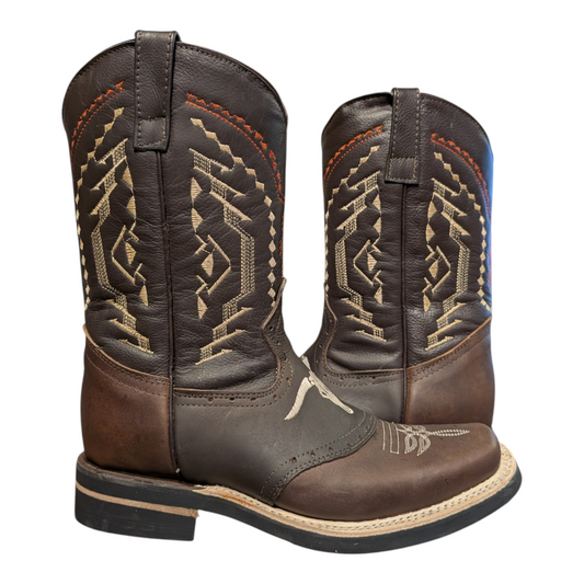 Cowboy Boots (0098) - 12" Brown Longhorn Design Leather w/ Square Toe