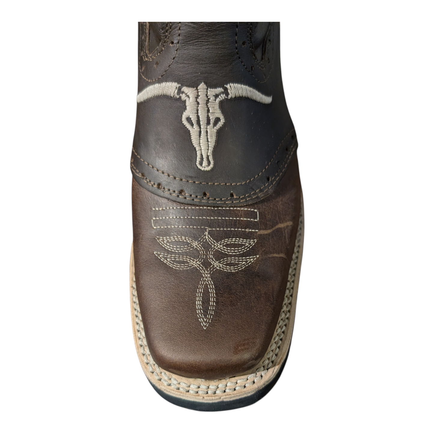 Cowboy Boots (0098) - 12" Brown Longhorn Design Leather w/ Square Toe