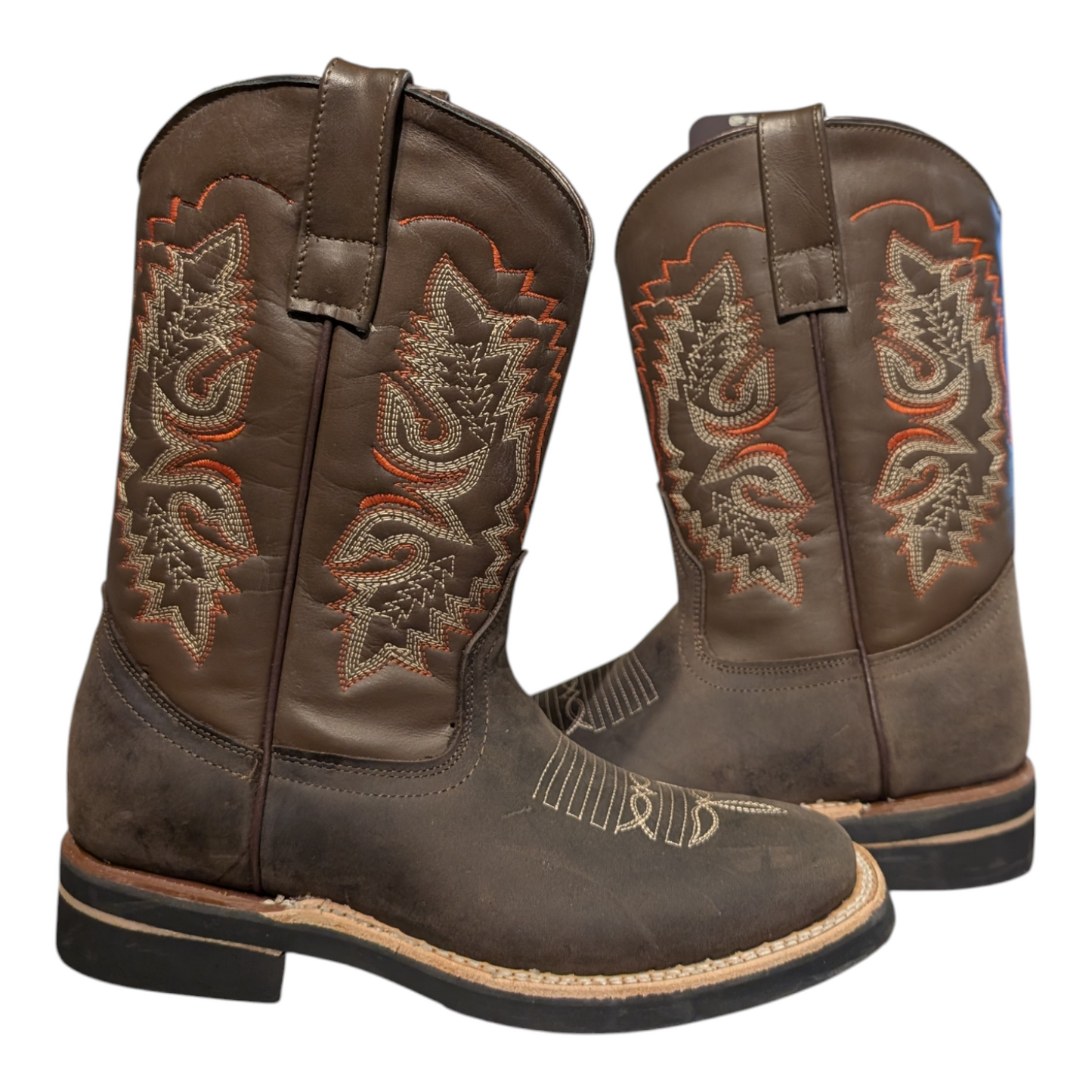Cowboy Boots (0099) - 12" Brown Tribal Design Leather w/ Wide Square Toe