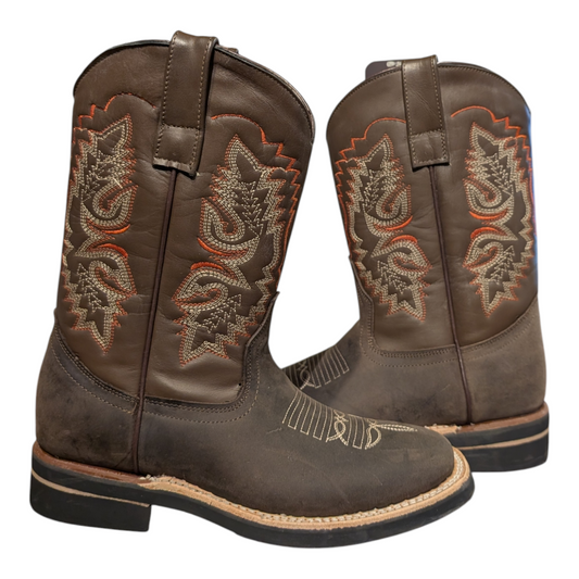 Cowboy Boots (0099) - 12" Brown Tribal Design Leather w/ Wide Square Toe
