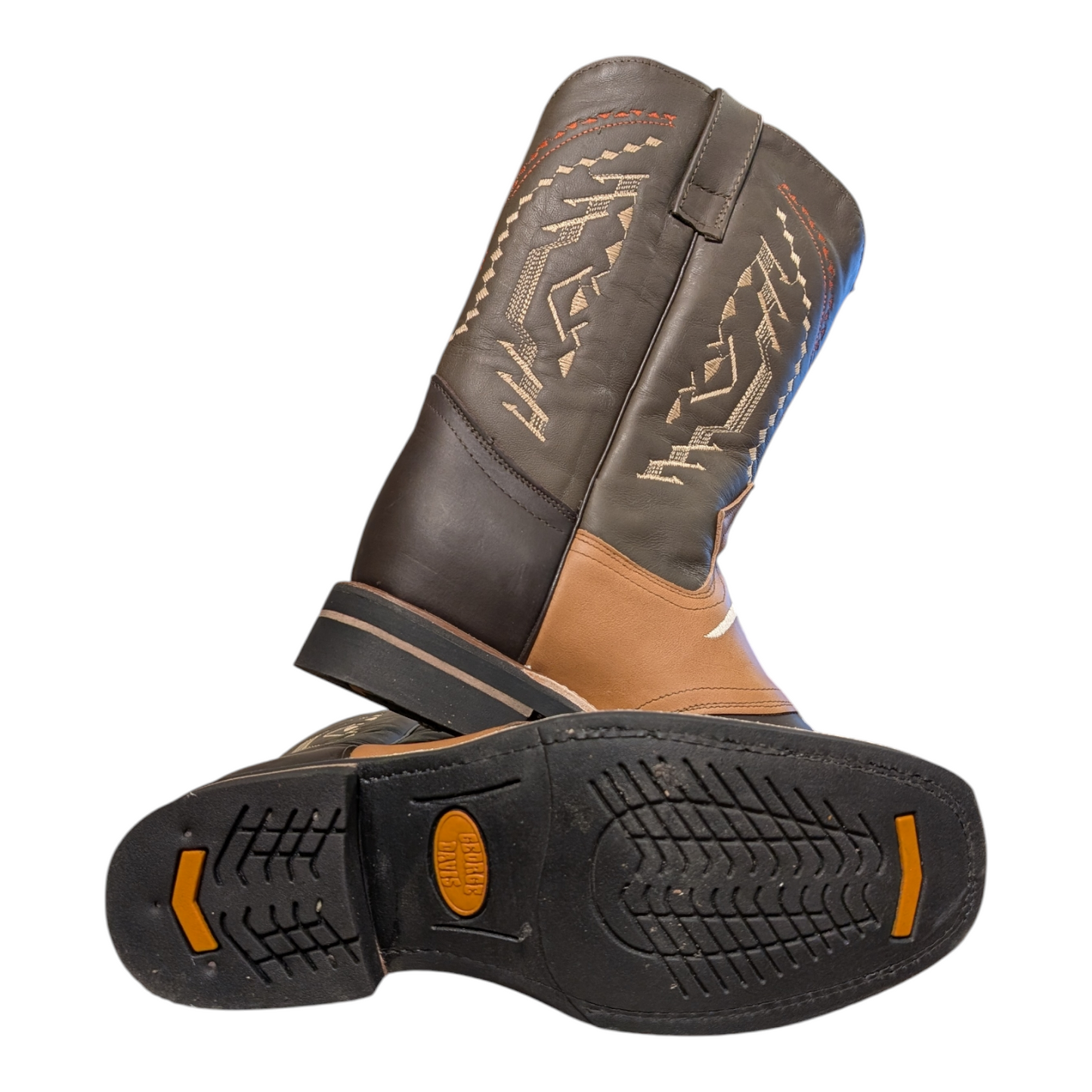 Cowboy Boots (0088) - Rodeo Toe Layered Two-tone Brown Leather Longhorn Design