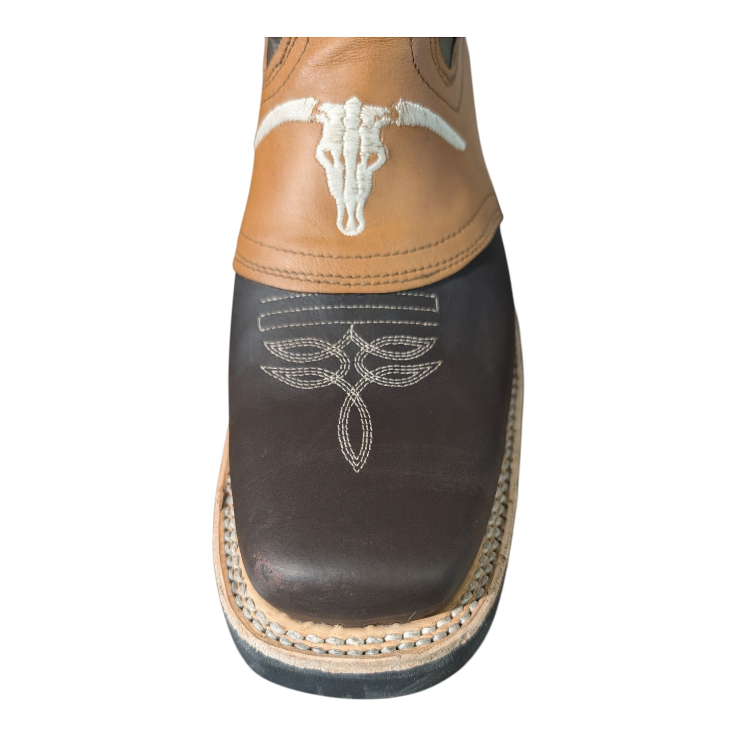 Cowboy Boots (0088) - Rodeo Toe Layered Two-tone Brown Leather Longhorn Design