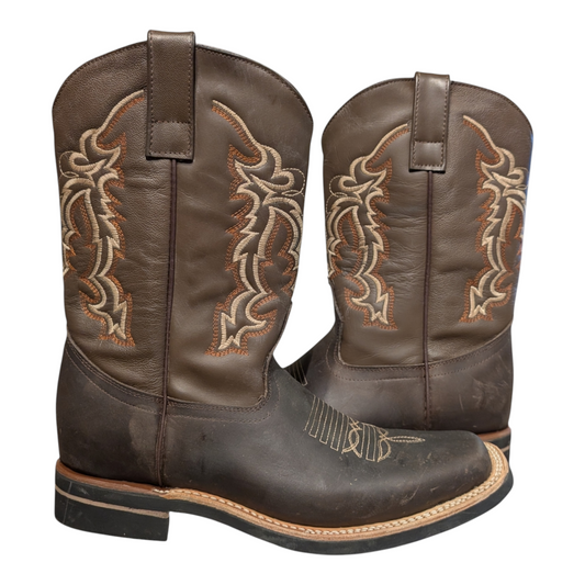 Cowboy Boots (0108) - 12" Square Toe Dark Brown Leather w/ Tribal Stitching