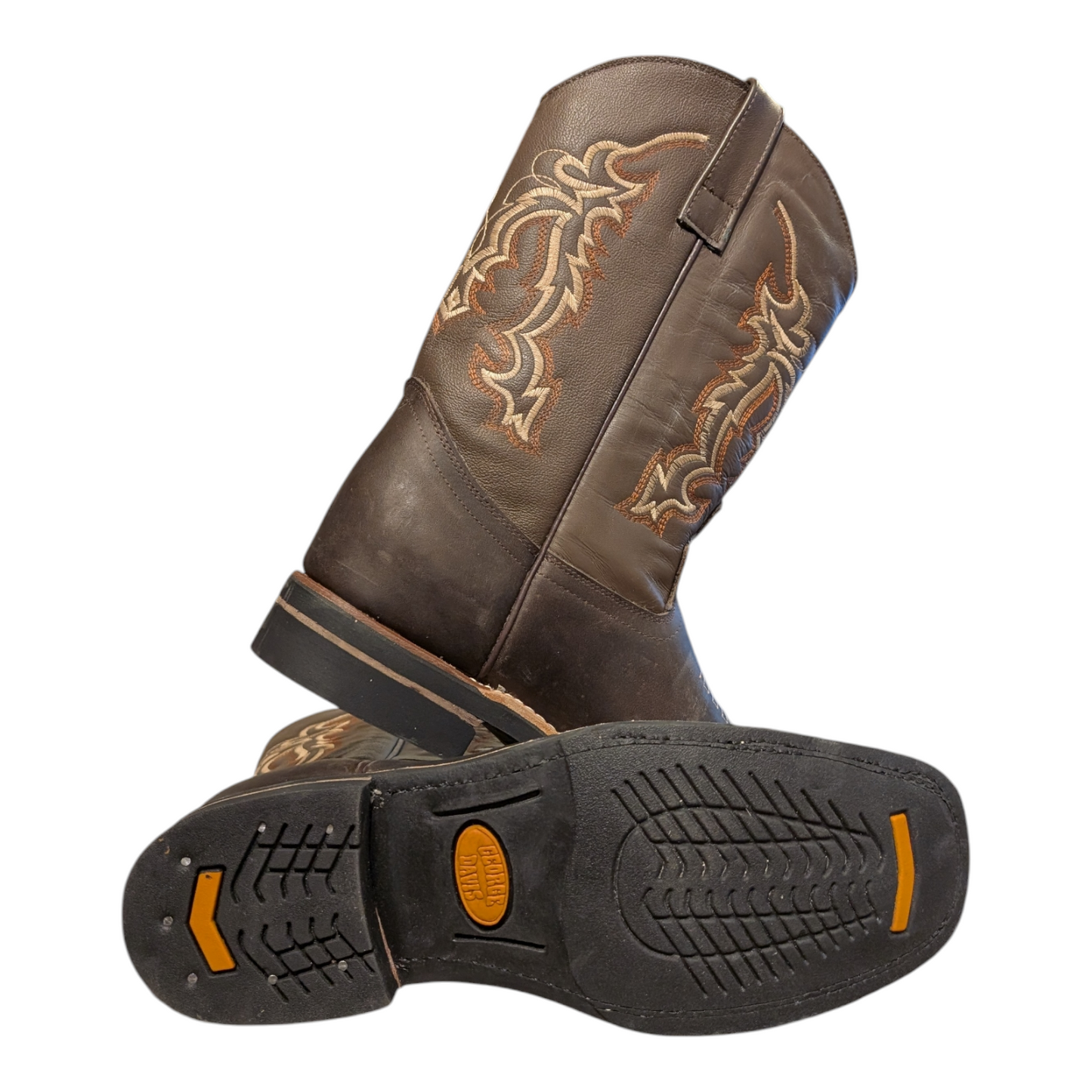 Cowboy Boots (0108) - 12" Square Toe Dark Brown Leather w/ Tribal Stitching