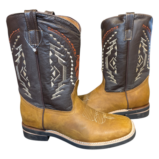 Cowboy Boots (0101) - 12" Square Toe Light Brown & Dark Brown Leather Western Stitching
