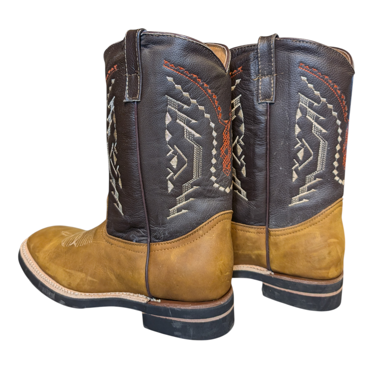 Cowboy Boots (0101) - 12" Square Toe Light Brown & Dark Brown Leather Western Stitching