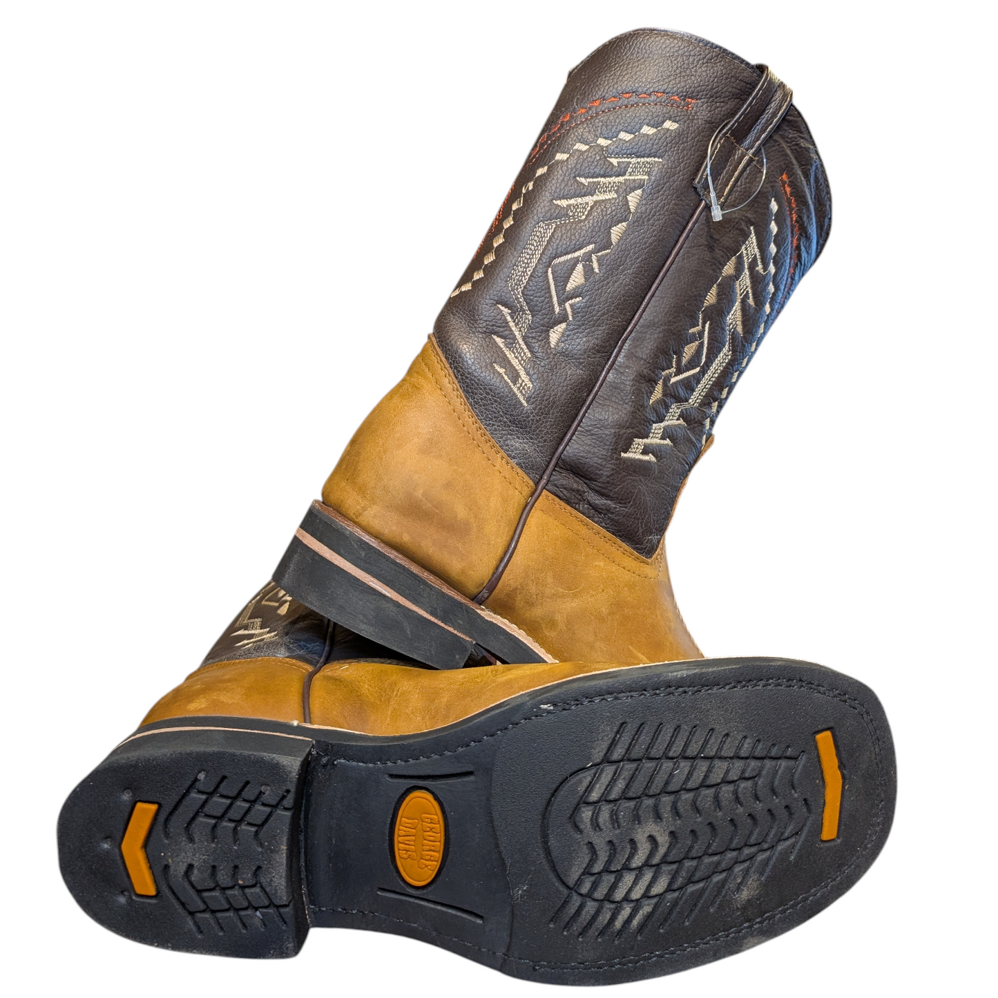 Cowboy Boots (0101) - 12" Square Toe Light Brown & Dark Brown Leather Western Stitching