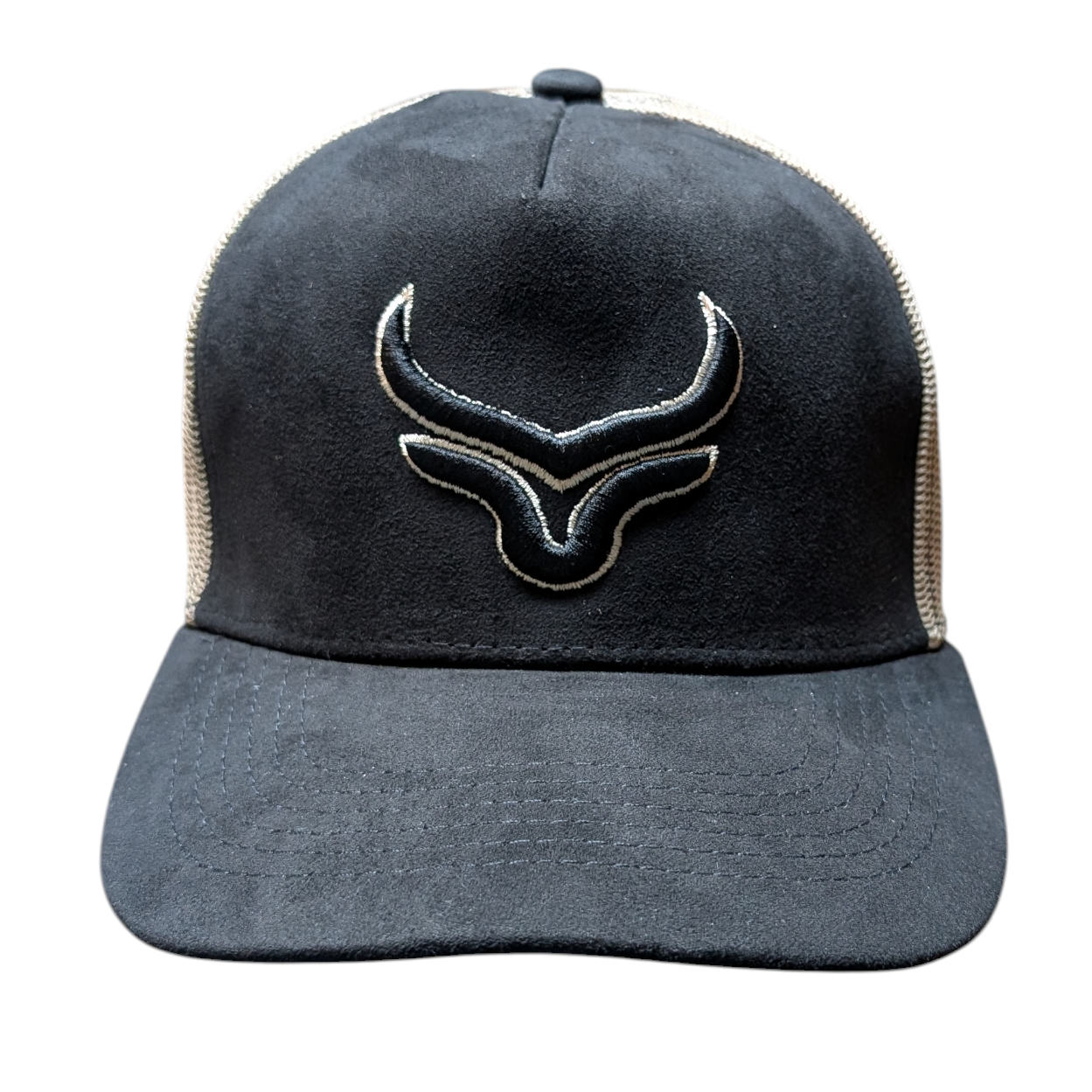 Western Cap (0001) - Black and Beige Mesh w/ Longhorn Stitching