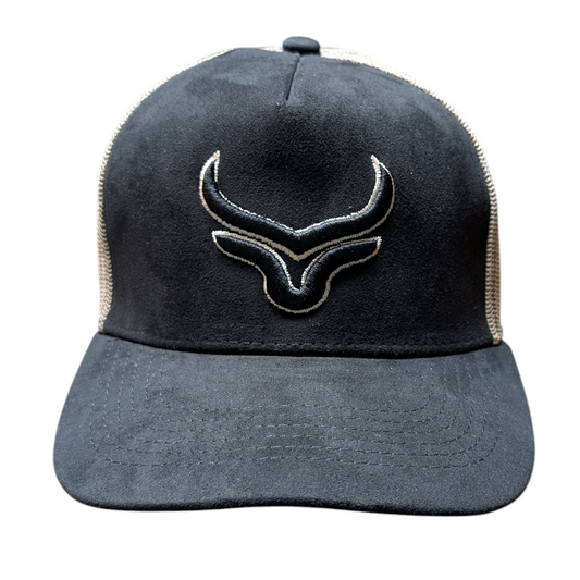 Western Cap (0001) - Black and Beige Mesh w/ Longhorn Stitching