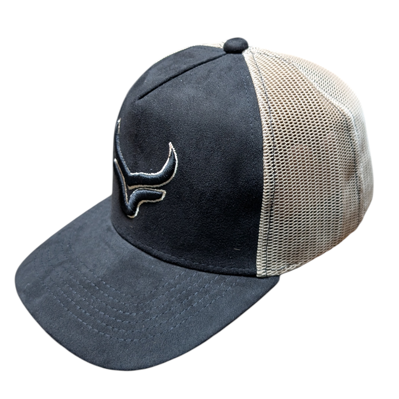 Western Cap (0001) - Black and Beige Mesh w/ Longhorn Stitching