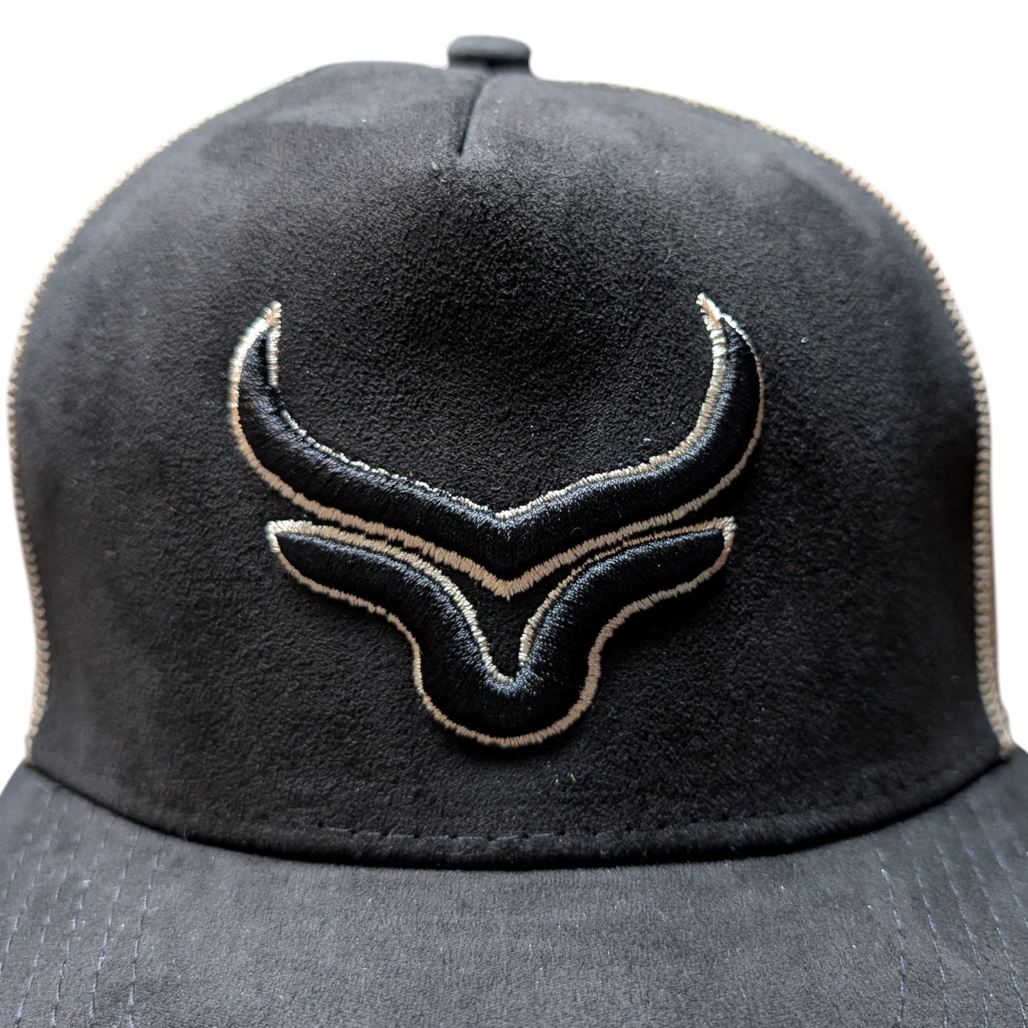 Western Cap (0001) - Black and Beige Mesh w/ Longhorn Stitching