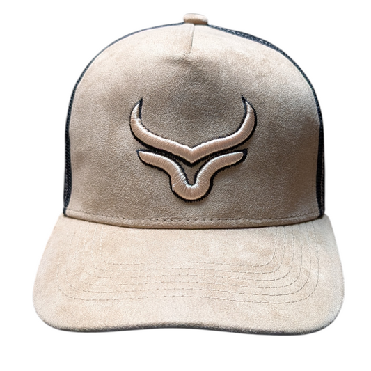 Western Cap (0002) - Beige & Black Mesh w/ Longhorn Stitching